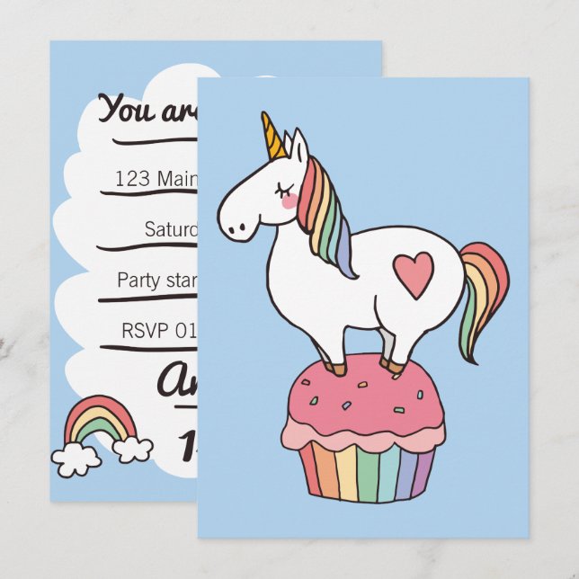 Cute Rainbow Unicorn on Birthday Cupcake Invitation (Front/Back)