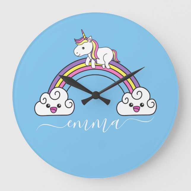 Cute Rainbow Unicorn Personalized Name  Large Clock (Front)