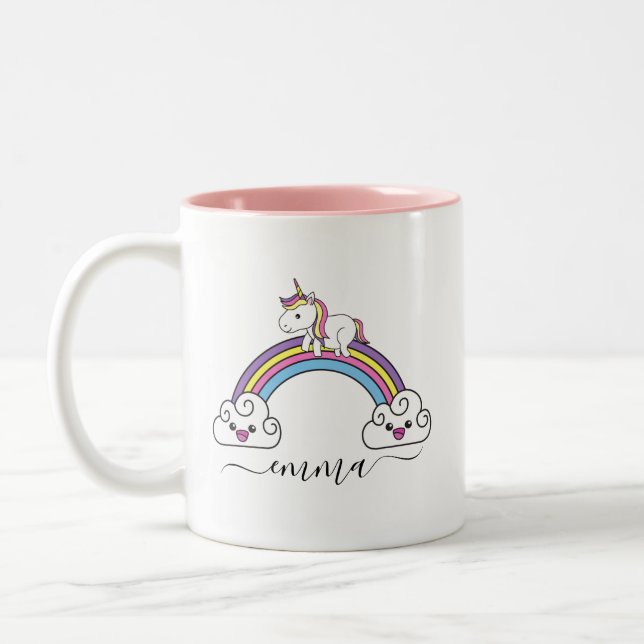 Cute Rainbow Unicorn Personalized Name  Two-Tone Coffee Mug (Left)