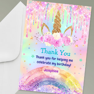 Cute Rainbow Unicorn pink aqua Drips birthday Thank You Card