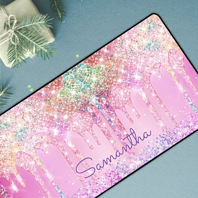Cute Rainbow unicorn pink Glitter Drips monogram Desk Mat (Creator Uploaded)