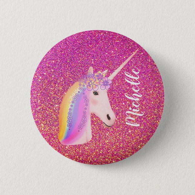 Cute Rainbow Unicorn Pink Glitter Fantasy Girl 2 Inch Round Button (Front)