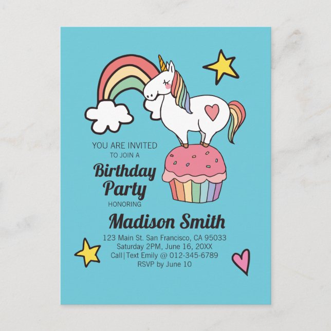 Cute Rainbow Unicorn Stars Hearts Birthday Party Invitation Postcard (Front)
