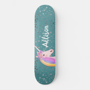 Cute Rainbow Unicorn Teal Stars Girls Personalized Skateboard