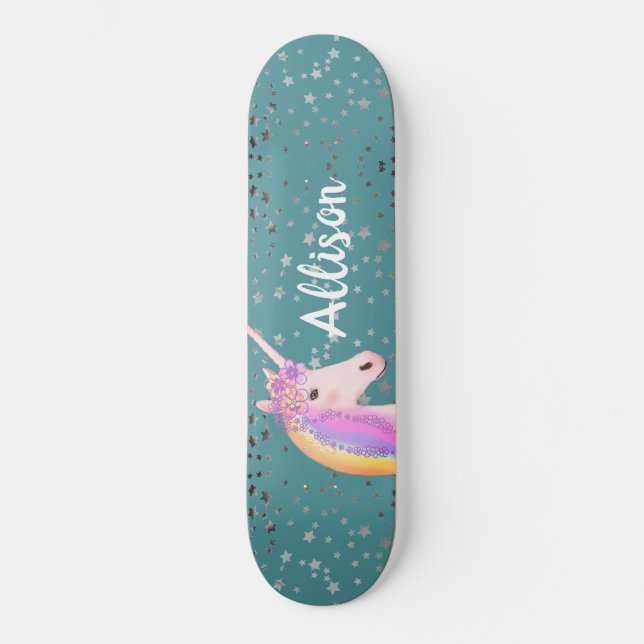 Cute Rainbow Unicorn Teal Stars Girls Personalized Skateboard (Front)