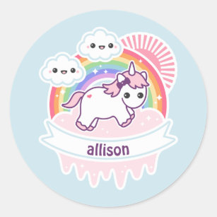 Cute Rainbow Unicorn with Clouds Classic Round Sticker