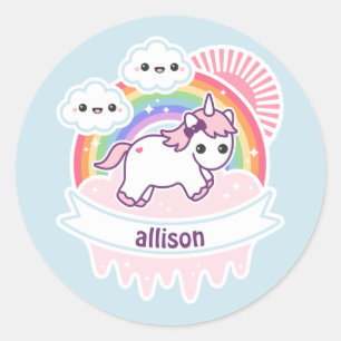 Cute Rainbow Unicorn with Clouds Classic Round Sticker