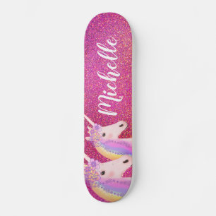 Cute Rainbow Unicorns Pink Glitter Personalized Skateboard