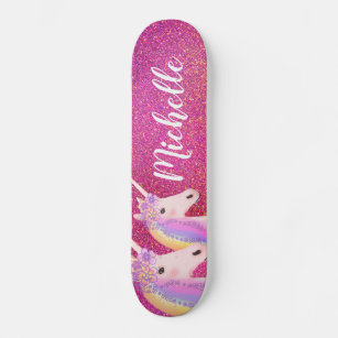 Cute Rainbow Unicorns Pink Glitter Personalized Skateboard