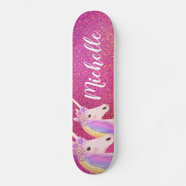 Cute Rainbow Unicorns Pink Glitter Personalized Skateboard (Front)