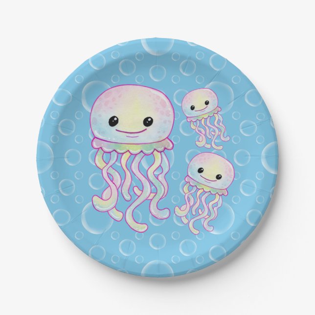 Cute Rainbow Watercolour Jellyfish Paper Plate (Front)