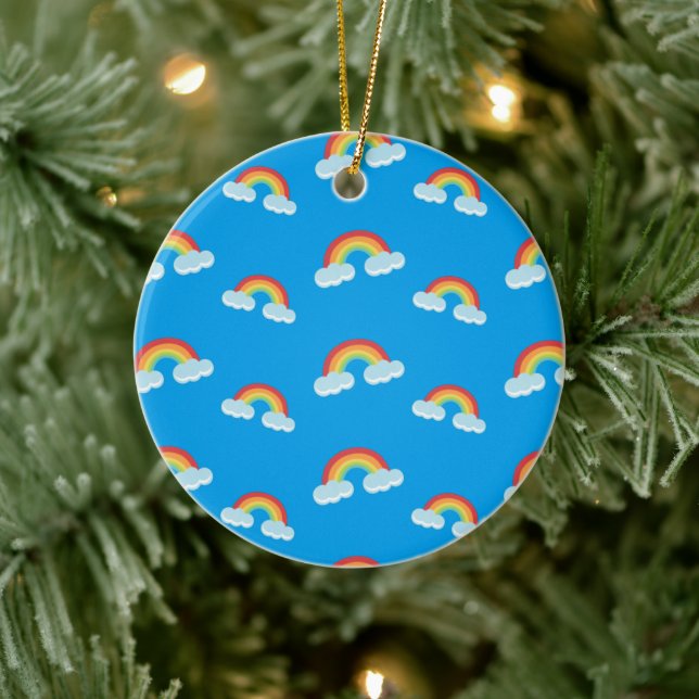 Cute Rainbow with Clouds Pattern Ceramic Ornament (Tree)