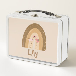 Cute Rainbows  Butterflies Pink Brown Bohemian  Metal Lunch Box