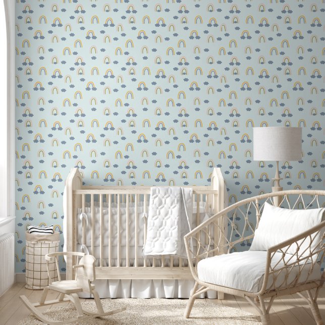 Cute Rainbows & Clouds Pale Blue Baby Boy Nursery Wallpaper (Kids)