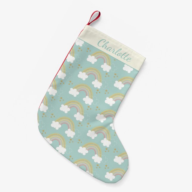 Cute Rainbows in Blue Gold Glitter Personalized Small Christmas Stocking (Front (Hanging))