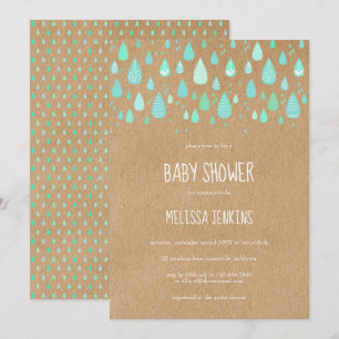 Cute Raindrops Baby Shower Rustic Kraft Boho Invitation