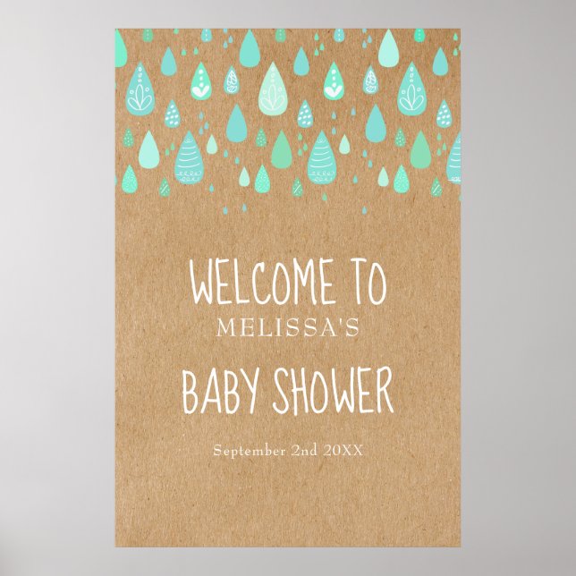 Cute Raindrops Baby Shower / Sprinkle Welcome Sign (Front)