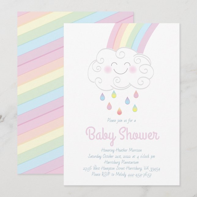 Cute Raindrops Cloud Rainbow Pastel Baby Shower Invitation (Front/Back)