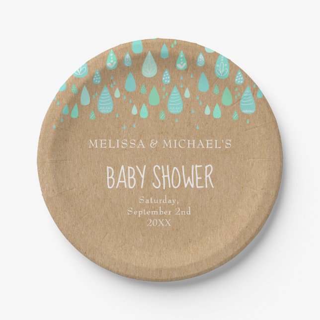 Cute Raindrops Couples Baby Shower/Sprinkle Rustic Paper Plate (Front)