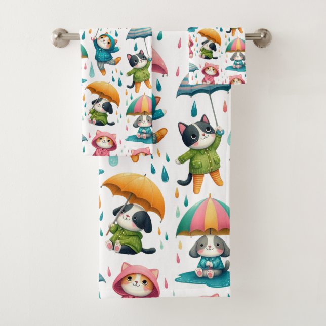 Cute Raining Cats and Dogs with Umbrellas Bath Towel Set (Insitu)