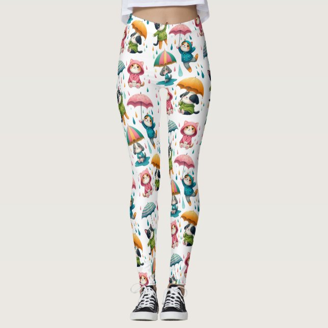 Cute Raining Cats and Dogs with Umbrellas Leggings (Front)