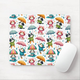 Cute Raining Cats and Dogs with Umbrellas Mouse Pad