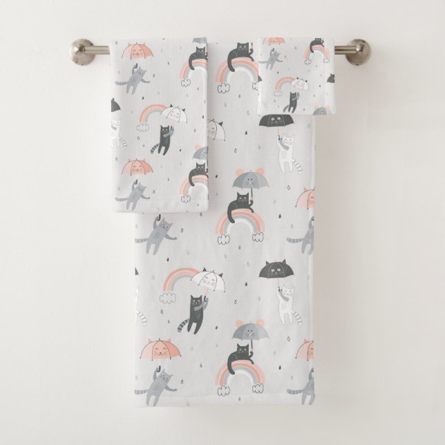 Cute Raining Cats Pattern Bath Towel Set (Insitu)