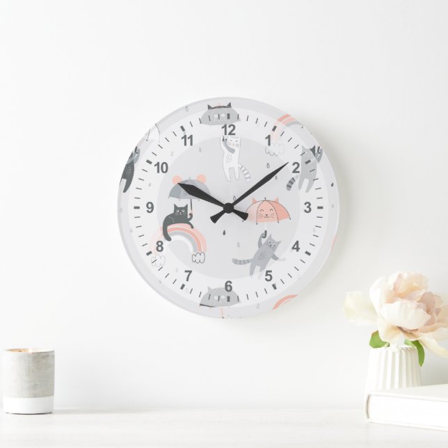 Cute Raining Cats Pattern Large Clock (Home)