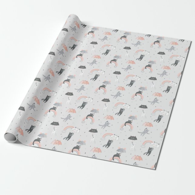 Cute Raining Cats Pattern Wrapping Paper (Unrolled)