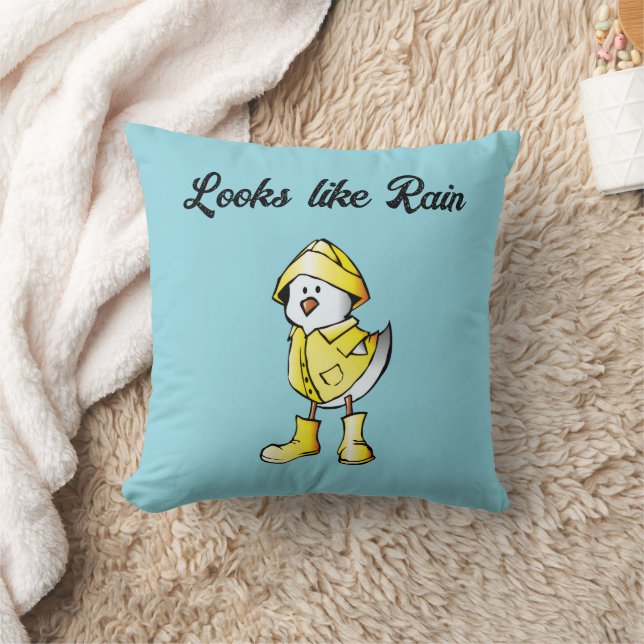 Cute Rainy Day Chick – “Looks Like Rain” Cartoon Throw Pillow (Blanket)