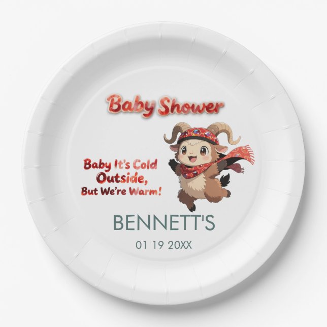 Cute Ram Winter Baby Shower Paper Plate (Front)