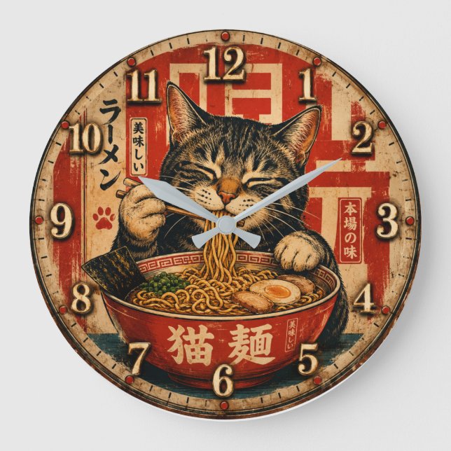 Cute Ramen Cat Large Clock (Front)