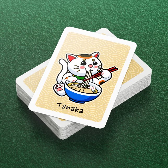 Cute Ramen-Eating Japanese Lucky Cat- Personalized Playing Cards (Lucky Cat Eating Ramen Playing Cards- Deck View)