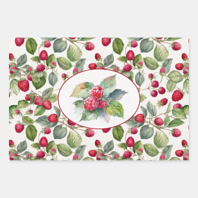 Cute Raspberries Watercolor Wrapping Paper Sheet (Front)