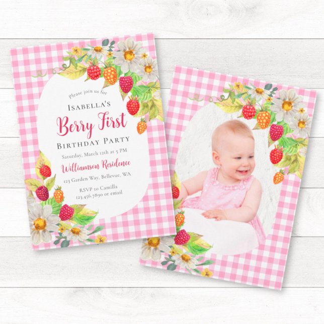 Cute Raspberry Berry First Birthday Add Photo Invitation (Creator Uploaded)