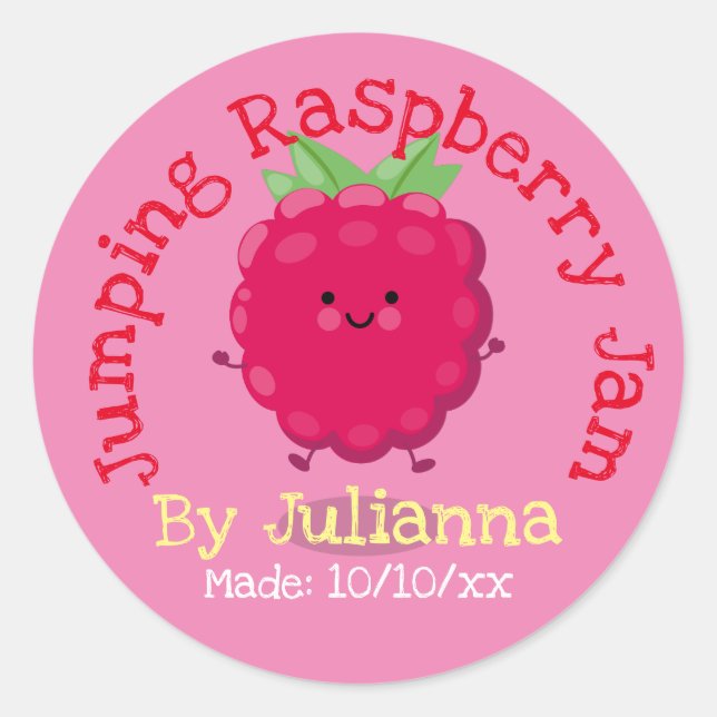 Cute raspberry jam cartoon illustration label (Front)