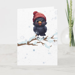 Cute Raven in a Christmas Beanie  Holiday Card