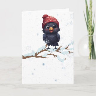 Cute Raven in a Christmas Beanie  Holiday Card