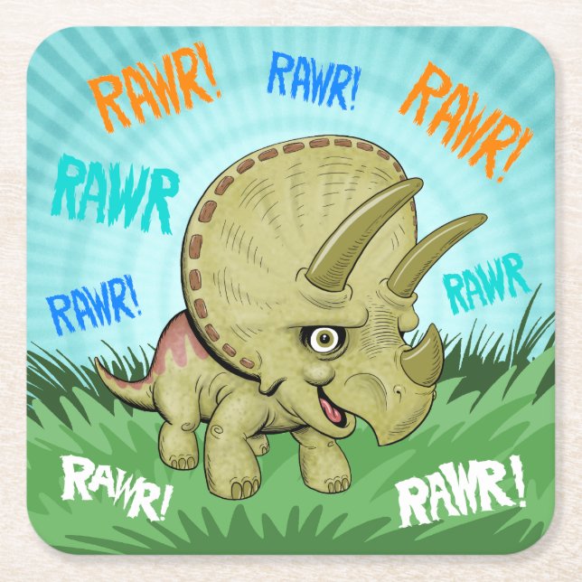 Cute RAWR Triceratops Square Paper Coaster (Front)
