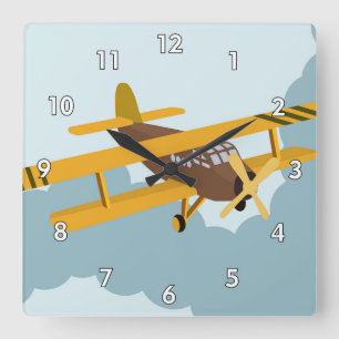 Cute RC Bi-Plane Cartoon Drawing Square Wall Clock