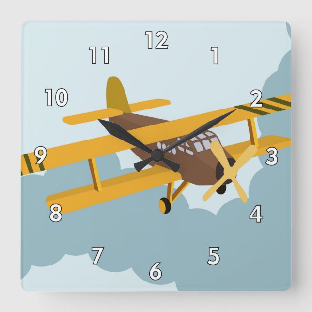 Cute RC Bi-Plane Cartoon Drawing Square Wall Clock (Front)