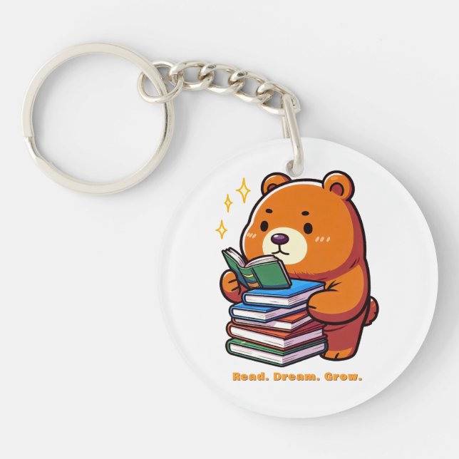 Cute Reading Bear with Books Kawaii Keychain (Front)