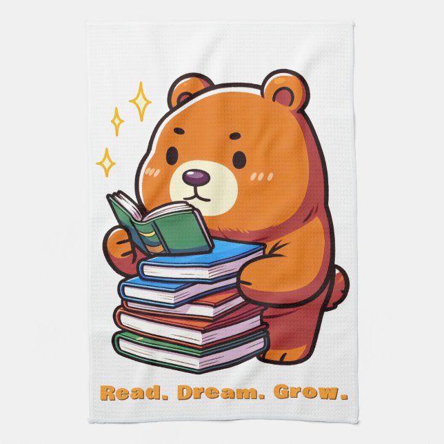 Cute Reading Bear with Books Kawaii Kitchen Towel (Vertical)