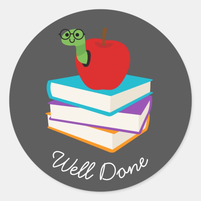 Cute reading bookworm well done teaching classic round sticker (Front)