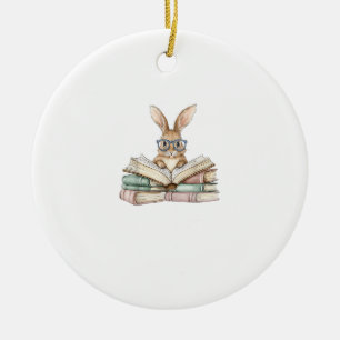 Cute Reading Bunny Glasses Books Bookworm Reader T Ceramic Ornament
