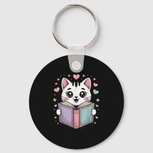 Cute Reading Cat Book Lover Teacher Librarian Book Keychain