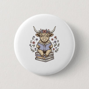 Cute Reading Cow Floral Book Stack Vintage Design_ 2 Inch Round Button