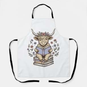 Cute Reading Cow Floral Book Stack Vintage Design_ Apron