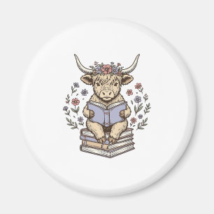 Cute Reading Cow Floral Book Stack Vintage Design_ Magnet