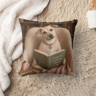 Cute Reading Dog Watercolor Library Illustration Throw Pillow